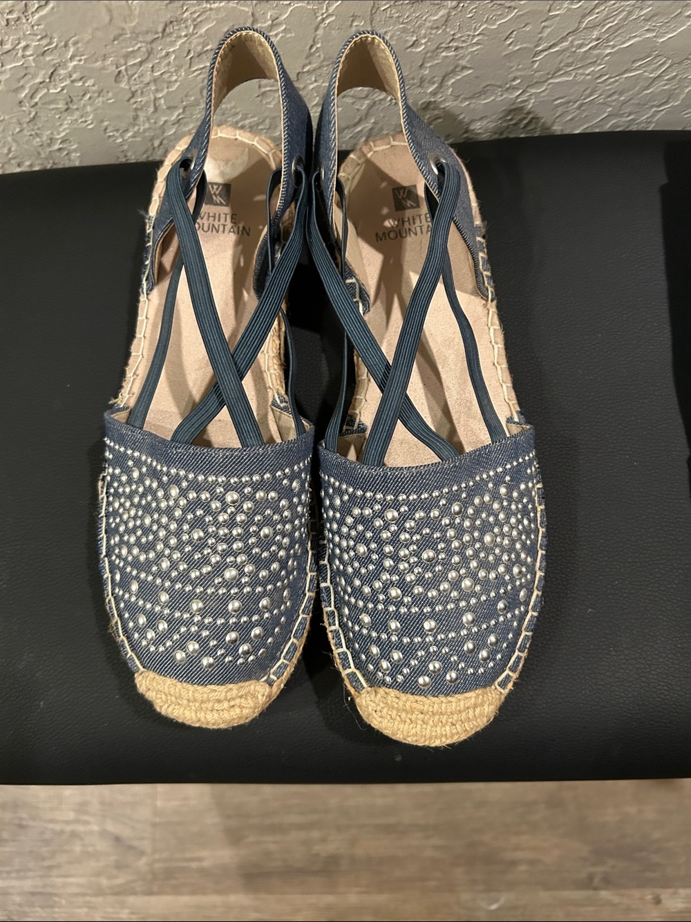 White Mountain Navy Espadrille Slingback with Pearl Studs